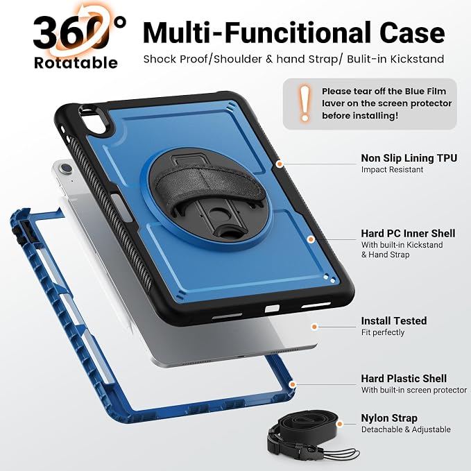 SCSVPN Kids Case for iPad Air 11 Inch M4 2026 / M3 2025 / M2 2024 Heavy Duty Shockproof Silicone Protective Case with Pencil Holder-Screen Protector-Rotating Stand-Handle-Shoulder Strap (Blue+Red)
