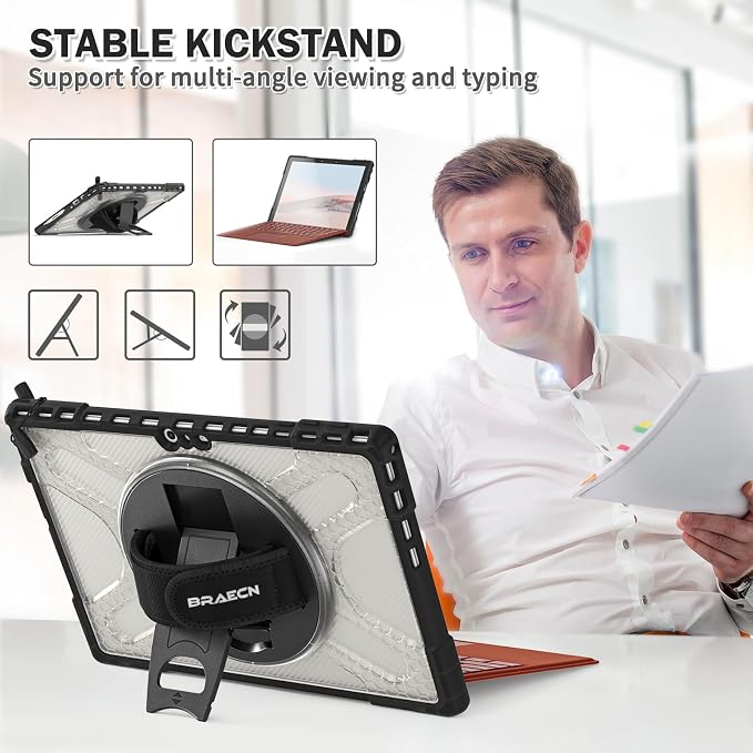 BRAECNstock Case for Microsoft Surface Pro 7+ Plus/7/6/5/4 12.3 - Black | Shockproof Case with 360° StandHand Strap &amp Pencil Holder | Type Cover keyboard CompatibleBusiness Friendly