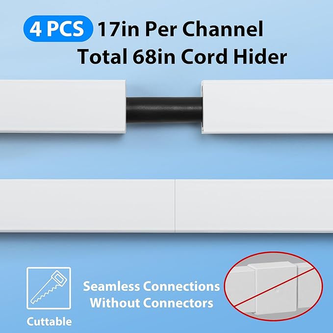Cord Hider Wall for One Cord 68in (4X L17in), ZhiYo Cord Covers for Wires on Wall, Easy Install Cable Cover Wall, Black Cable Raceway Hide Cords, Cable Hider Cord Management Wall, W0.6in H0.4in