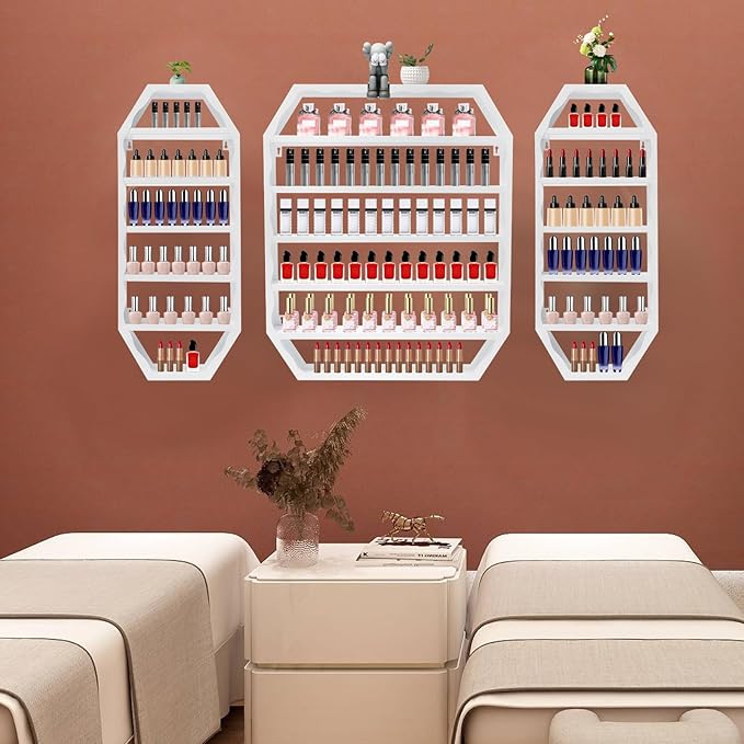 Metal Nail Polish Storage Rack, Wall Mounted Cosmetic Display Case, Lipstick Shelf, Essential Oil Organizer for Bottles, Spa Nail Salon (White)