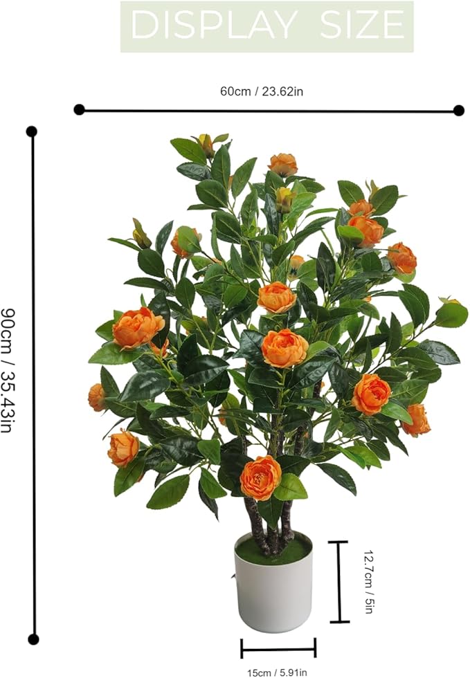 Artificial Camellia Tree 35in Faux Floral Plant with Red Flowers and Green Leaves - No Maintenance Indoor Outdoor Office Home Porch Decor Housewarming Gift(1 Pack - RED)
