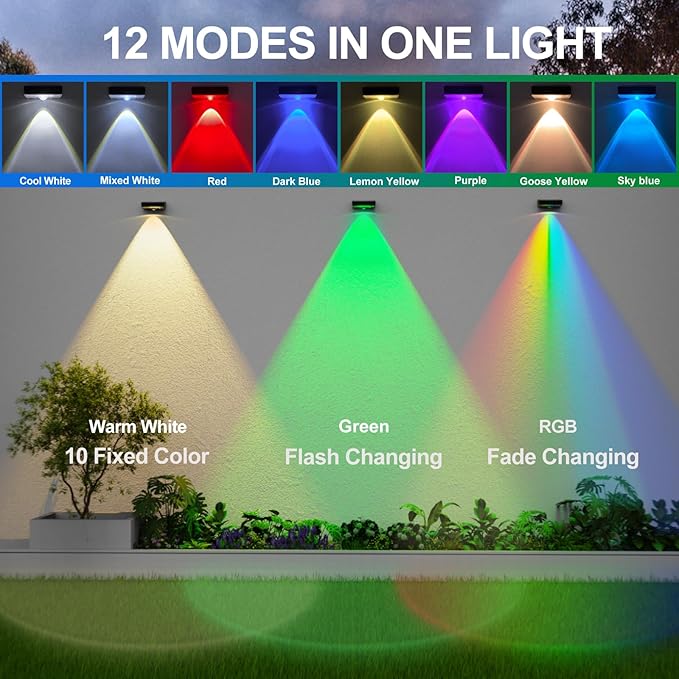 Solar Fence Lights,Fence Lights Solar Powered Waterproof IP65 Multicolor Led 12 Fixed Colors ＆RGB Color Changing for Pool, Deck, Patio, Porch, Stairs, Holiday(4)