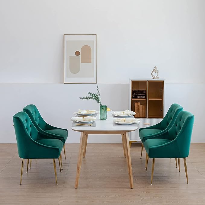 Modern Dining Chairs Set of 6, Mid Century Velvet Upholstered Chairs with 5.12' Cushions, Golden Legs and Back Pull Rod, for Kitchen, Living Room (Green)