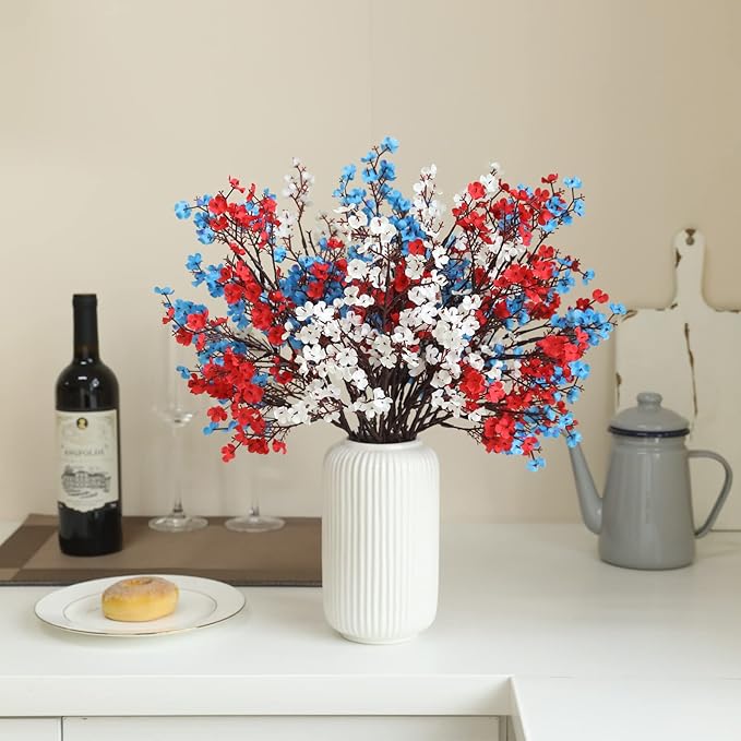 Hananona 10 Pcs 4th of July Flowers Artificial Babys Breath Fake Silk Patriotic Flowers for Independence Day Home Decor Floral Arrangement Table Centerpieces (10, Mix)