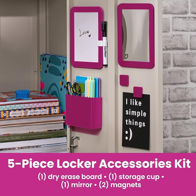LockerMate 6-Piece Locker Organizer Kit, Includes Mirror, Whiteboard, Storage Cup & Dry Erase Marker, Pink