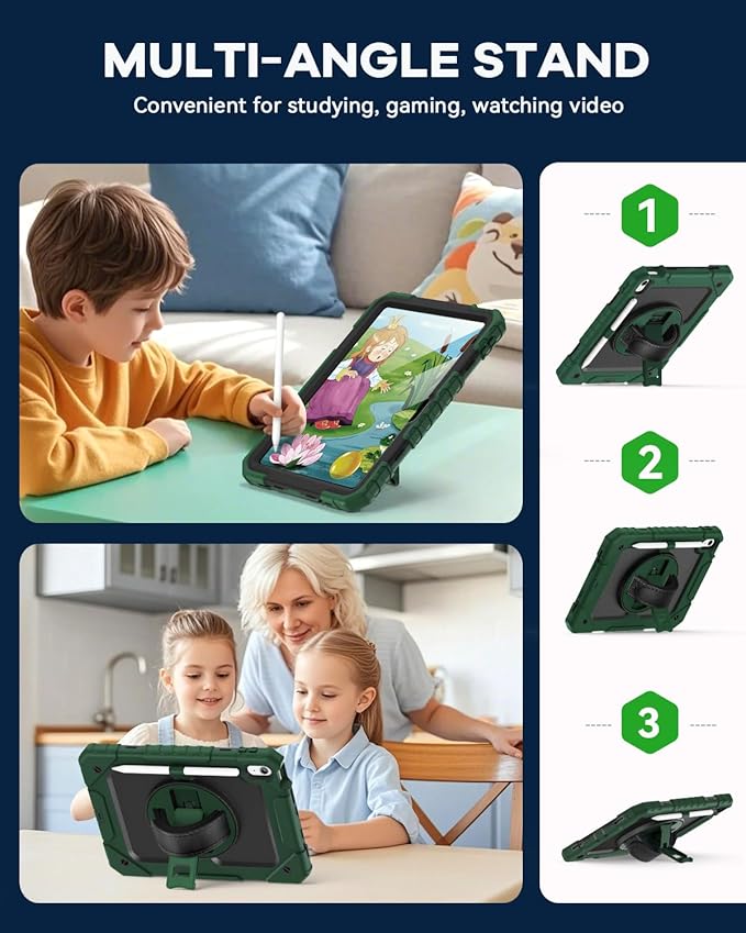 Cantis Case for iPad 11-inch (A16) 2025/ iPad 10th Generation 2022 (10.9 inch) with Screen Protector, iPad 11th Case with 360 Degree Rotating Stand/Shoulder Strap/Pencil Holder, Alpine Green