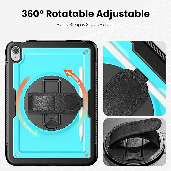 Case for iPad (A16) 11th/10th Generation 11''/10.9'' 2025/2022: Shockproof Protective Case with Hand/Shoulder Strap Pencil Holder Rotate Stand Screen Protector Black