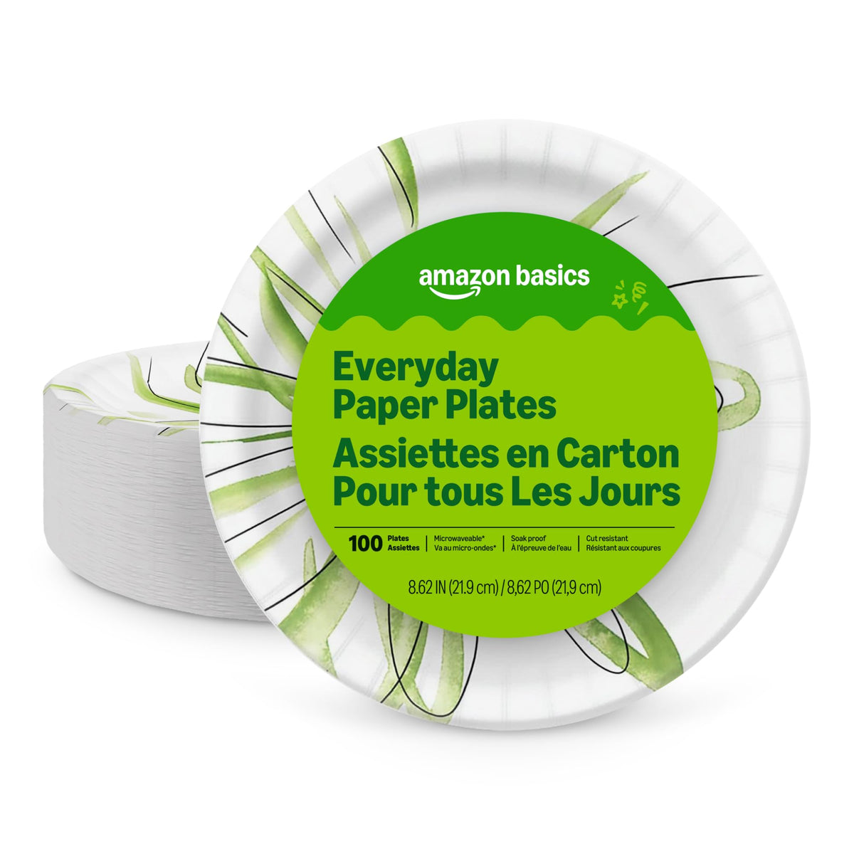 Everyday Disposable Paper Plates, 8.62 Inch, Microwave-Safe, Cut Resistant, Soak-Proof, 100 Count, Packaging May Vary