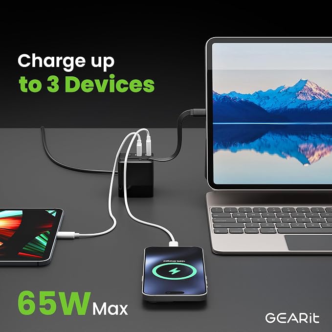 GEARit 65W GaN Charger Retractable USB C Cable + 2 Ports Digital Display | Retractable USB-C wall charger for iPhone Samsung Galaxy Watch earbuds. Foldable plug GaN fast charge wattage display