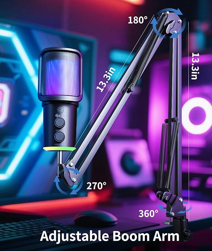 Gaming USB Microphone Kit with Boom Arm - RGB Condenser Mic with Noise Cancellation, Mute Button Reverb Adjustment, Monitoring for Streaming, Podcasting, Discord, YouTube