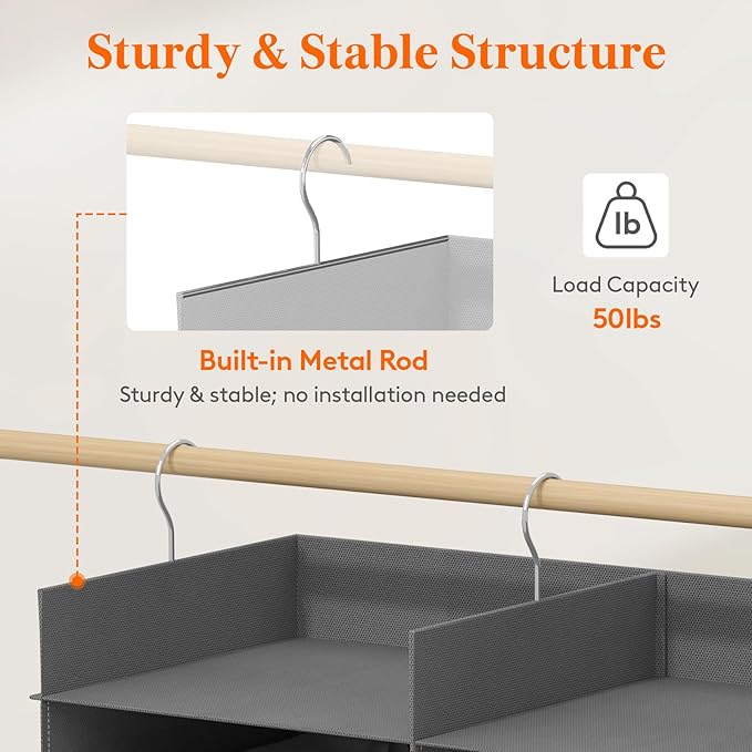 Lifewit Dual-Row Shelf Hanging Closet Organizer and Storage, Clothes Shelves with 3 Sturdy Hooks for Clothing Organization, Foldable Container Hold Up to 30 Sweaters, 5 Tier 10 Sections, Gray