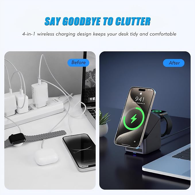 4-in-1 Charging Station Compatible with Magsafe, 15W Fast Wireless Charger Stand with LED Clock, Adjustable Metel Phone Stand for iPhone 16/15/14/13/12 Series, Apple Watch, AirPods