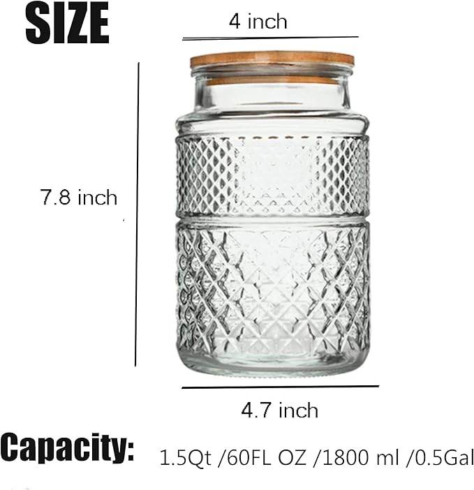 Large Glass Storage Jar, 60 FL OZ Glass Food Storage Containers with Bamboo Lid, Kitchen Containers Cereal Canisters Decorative Jar for Candy Snack Cookies Coffee Tea Nuts Airtight Jars