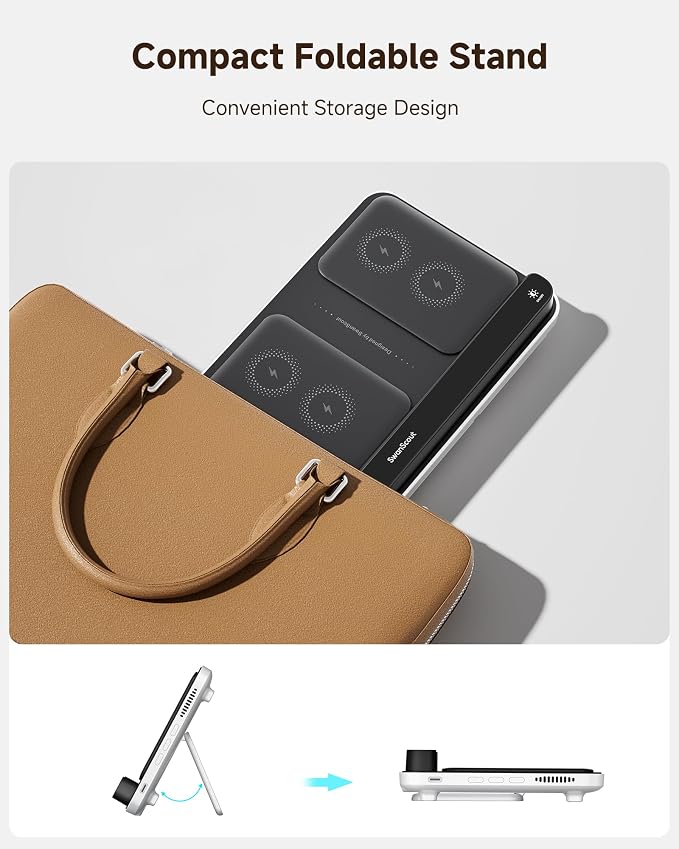 Dual Phone Foldable Wireless Charging Station for iPhone Galaxy Pixel | Dual phone charging Foldable portable stand Dimmable clock Case friendly Raised charging area flat mode for earbuds 504