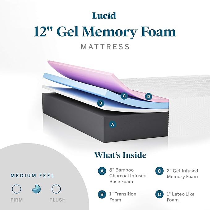 LUCID 12 Inch Memory Foam Mattress - Medium Feel - Memory Foam Infused with Bamboo Charcoal - Gel Infusions - CertiPUR-US Certified - Breathable - Queen