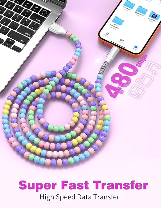 Jelanry 3FT USB-A to USB-C Fast Charging Cable Beaded &ampData Sync Women Girl | Cute kawaii beaded cable for iPhone 17/16/15 Samsung S26/S25/S24 Pixel iPad Fast charge for daily use office &amp tra