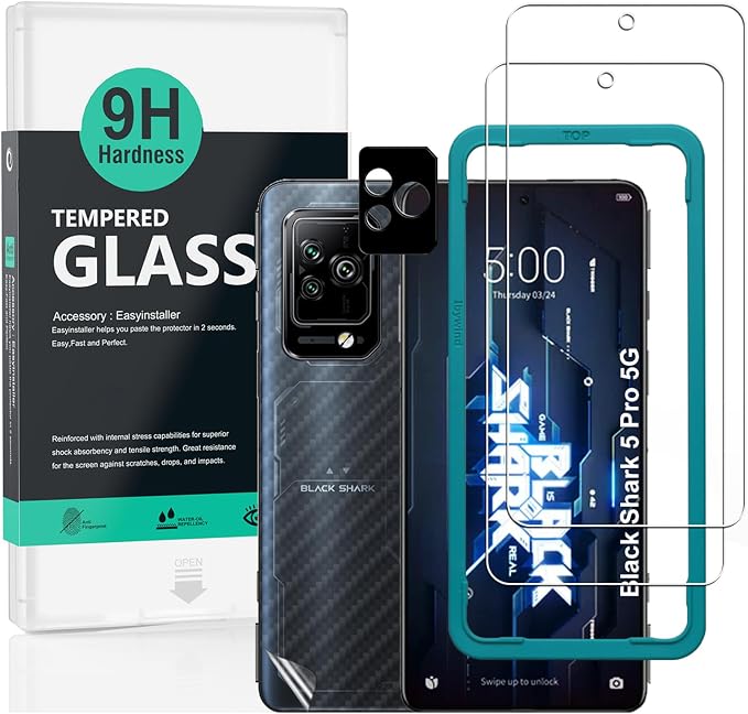 Ibywind 2 Pack Screen Protector For Black Shark 5 Pro 5G 6.67(Not For Black Shark 5 5G)9H Hardness Tempered GlassWith 1Pc Camera Lens Protector1Pc Back Carbon Fiber FilmAnti-Scratch
