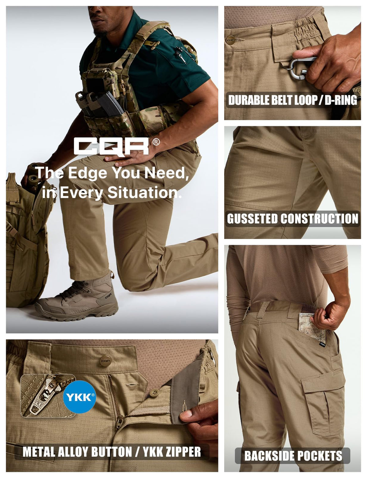 CQR Men's Tactical Pants, Water Resistant Ripstop Cargo Pants, Lightweight EDC Work Hiking Pants, Outdoor Apparel, Raider Mag Pocket Cougar, 40W x 34L
