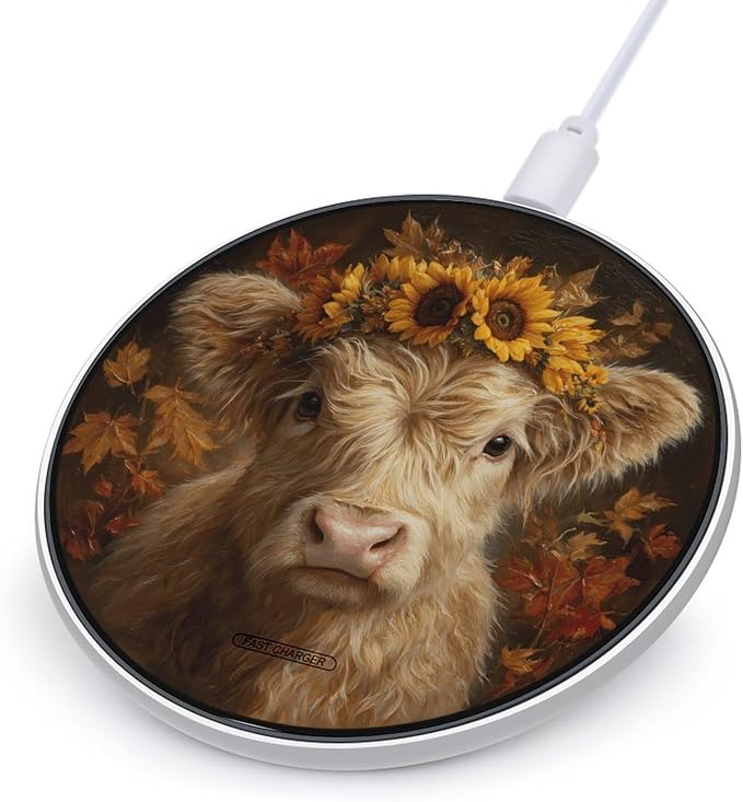 Highland Cow Sunflower Vintage Universal Phone Charger Magnetic Charging Pad with USB Cable