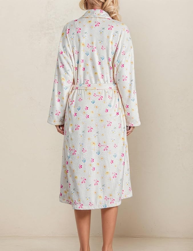 Women Fleece Floral Fruit Print Bathrobe Soft Flannel Lounge Robe Cute Fall Robe Lightweight Warm Gown with Belt