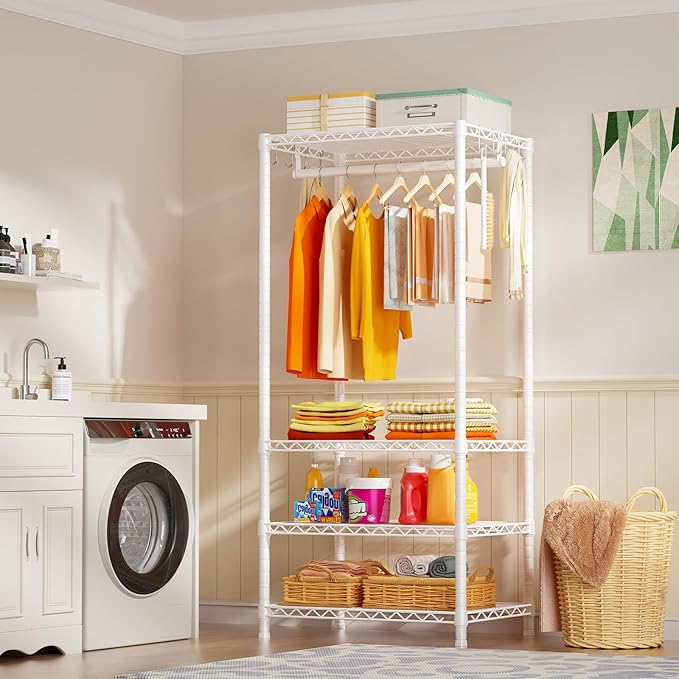 Ulif H4 Mini Portable Closet, 4 Tiers Freestanding Clothing Garment Rack for Small Space, Metal Clothes Wardrobe System for Bedroom, 23.6" W x 14" D x 76.4" H, Load 502 lbs, White