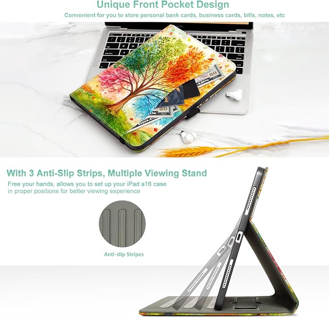 Lokigo Case for iPad (A16) 11th/10th Generation Aurora Forest | for iPad 11th-11 Inch/10th-10.9 Inch Stand Cover Pencil Holder/Hand Strap/Pocket Support Touch ID Auto Wake/Sleep