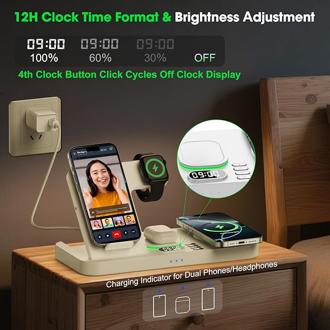 Dual Phone Wireless Charging Station for Apple Devices, Magnetic Charging Station for iPhone with Auto Switch 7-Color Light&Clock, Family Watch Charger for iPhone17 for iWatch11 for AirPods Pro3(Cream