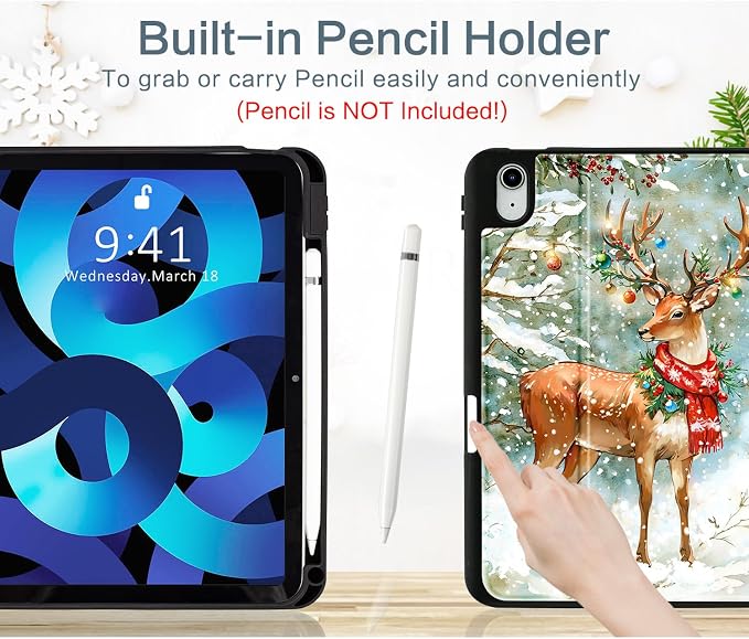 Vimorco Christmas Case for iPad (A16) 11th/10th Gen 11/10.9 inchAntlers | Multi-Angle Viewing Protective Folio Stand Shockproof CoverPencil HolderSupport Touch IDAuto Wake/SleepEssential Gift