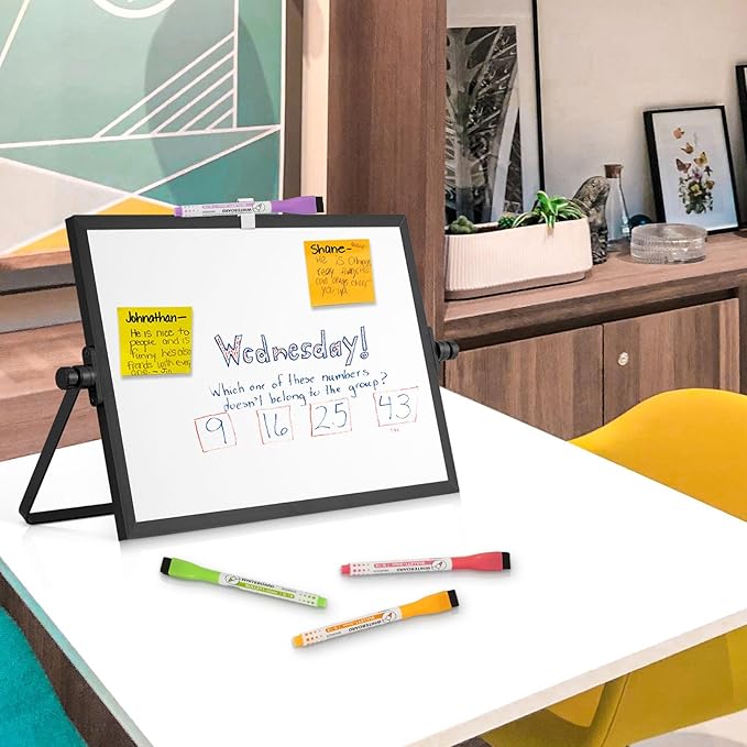 Dry Erase Magnetic White Board, 8" x 12" Black Aluminum Frame Double-Sided Desktop Whiteboard with Stand, Portable Small Whiteboard Set for Drawing, Office, Home, School