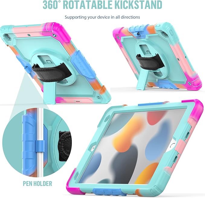 BLOSOMEET iPad Case for 9th Gen 10.2 inch 2021/2020 for Kids with Tempered Glass Screen Protector | iPad 8th/7th Generation Case Cover 2019 w/Stand Pen Holder & Hand Shoulder Strap |Turquoise