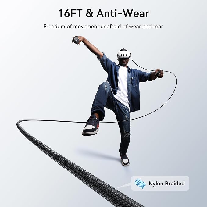 AMVR Link Cable with Charging 16FT Compatible with Meta Quest 3/3S/2/Pico 4 Accessories Nylon Braided Cable with USB 3.0 A to C Adapter for SteamVR/PCVR High-Speed Max 5Gbps Play While Charger