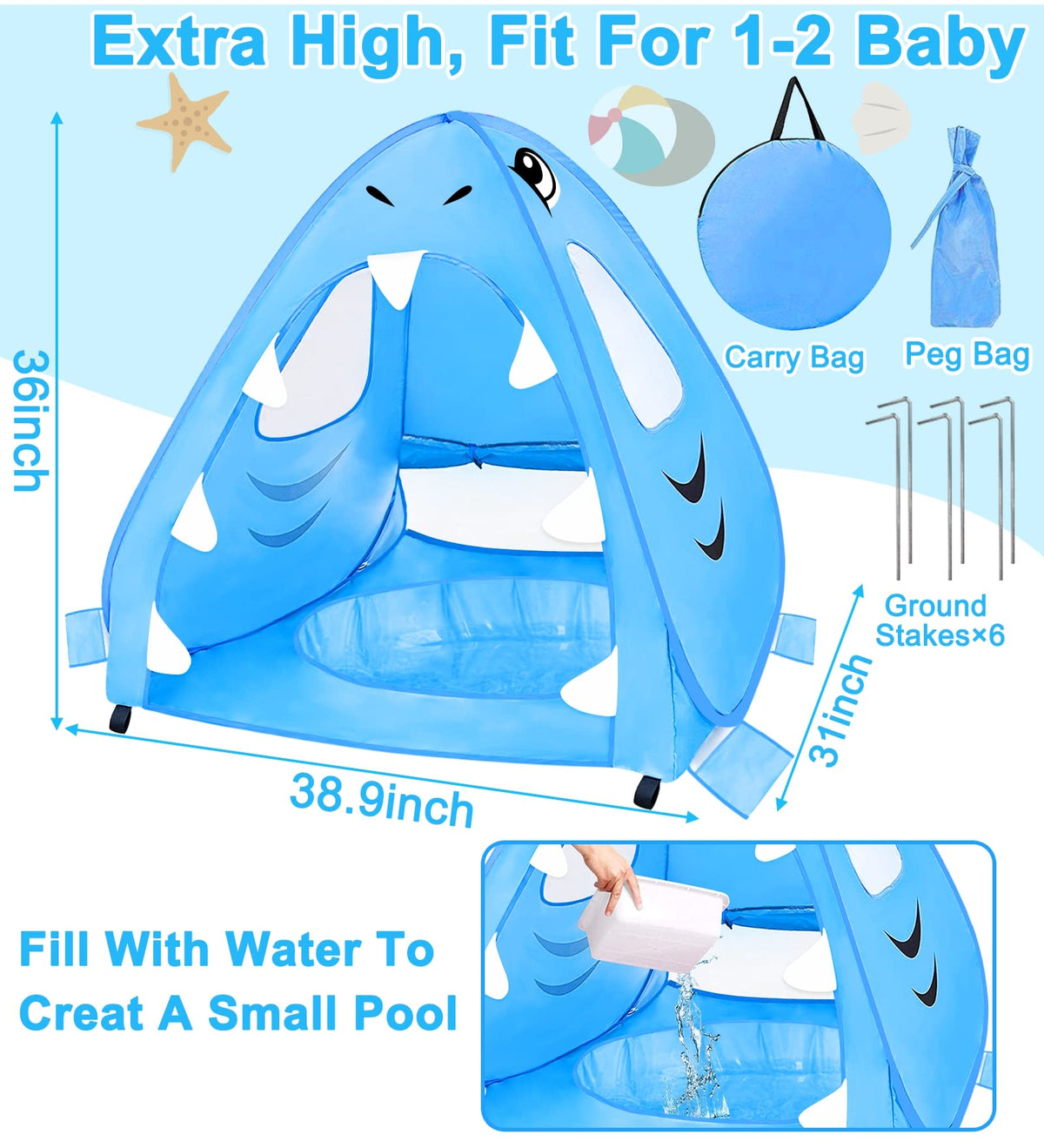 [ Extra High ] Shark Baby Beach Tent with Pool, Pop Up Kiddie Pool Tents Baby Beach Essentials UPF 50+ UV Protection 4 Sand Pockets 3 Mesh Windows Sun Beach Shade Tent for Toddler Aged 3-60 Months
