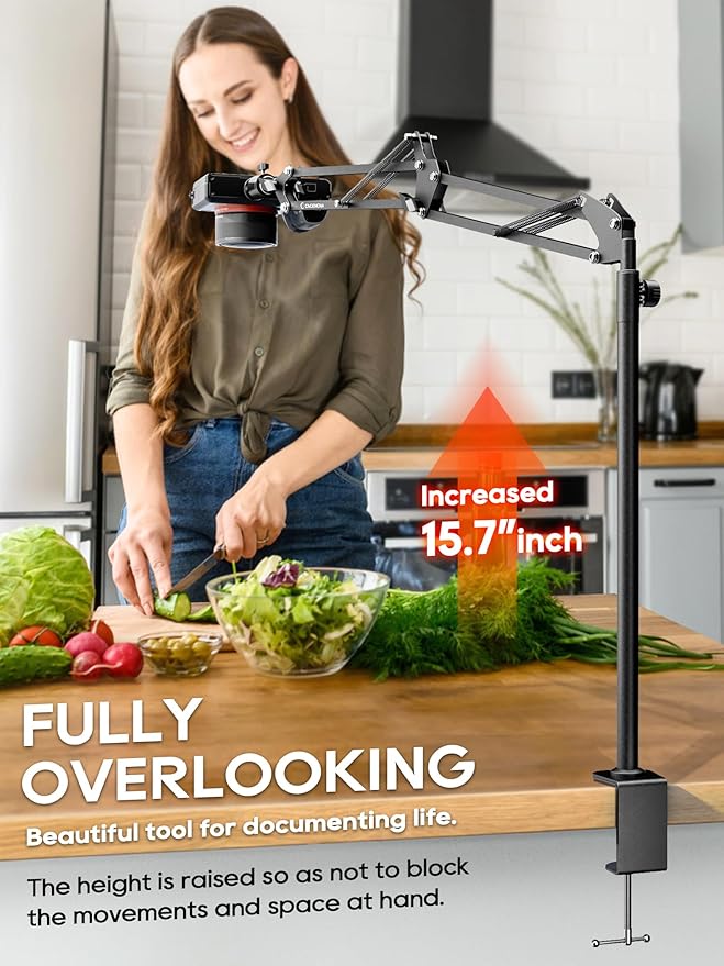 CACENCAN Overhead Camera Mount, 5lb Horizontal Load-Bearing, 360° Adjustable Stand for Desk, Flexible with Phone Clamp, Tabletop Mount for DSLR Camera/Webcam/Microphone