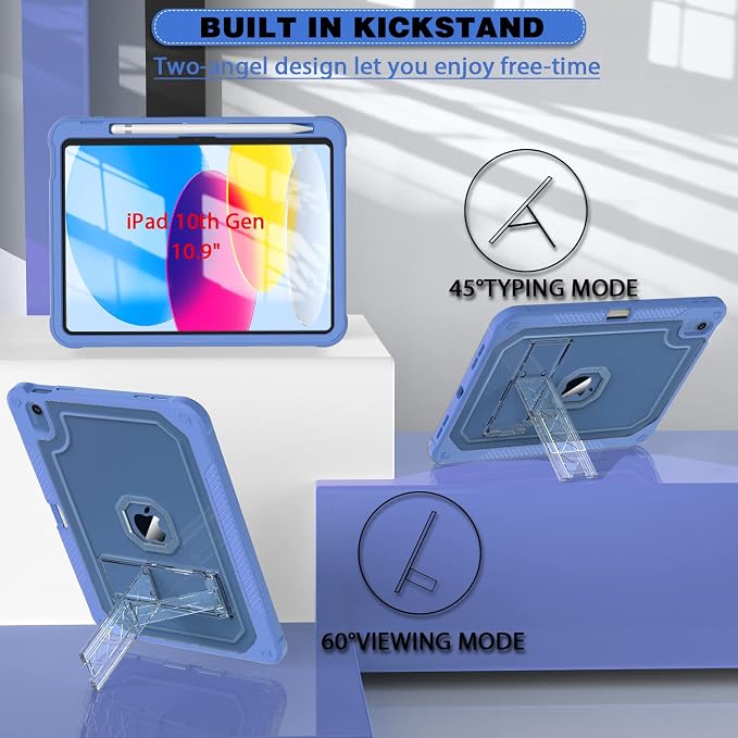 ZoneFoker Case for iPad 11-inch (A16) 2025 / iPad 10th Gen 10.9 inch 2022 Heavy Duty Shockproof Rugged Protective with Pencil Holder 11th / 10th Translucent Cover with Kickstand