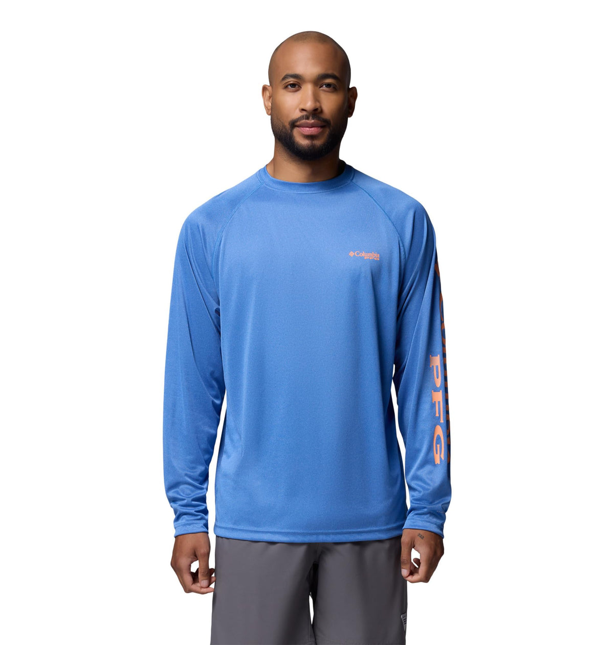 Columbia Men's PFG Terminal Tackle Long Sleeve Fishing Shirt, Vivid Blue Heather/Bright Nectar Logo, 3X Tall