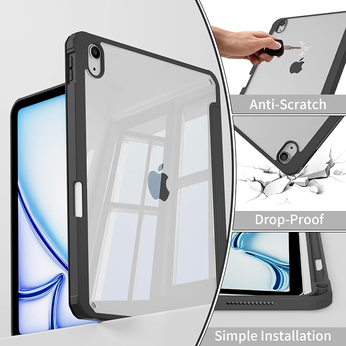Clear Case for iPad Air 11 Inch M4 2026/M3 2025/M2 2024 Black | for iPad Air 5th/4th Generation 10.9 Inch 2022/2020 Clear Hard Back Tablet Cover with Pencil Holder Slim Auto Wake/Sleep