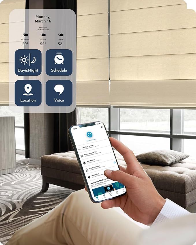 Graywind Smart Roman Shades 60% Blackout Compatible with Alexa Google Rechargeable Motorized Blinds Remote Plain Fold, Custom Size (Light Filtering Matelasse Offwhite)