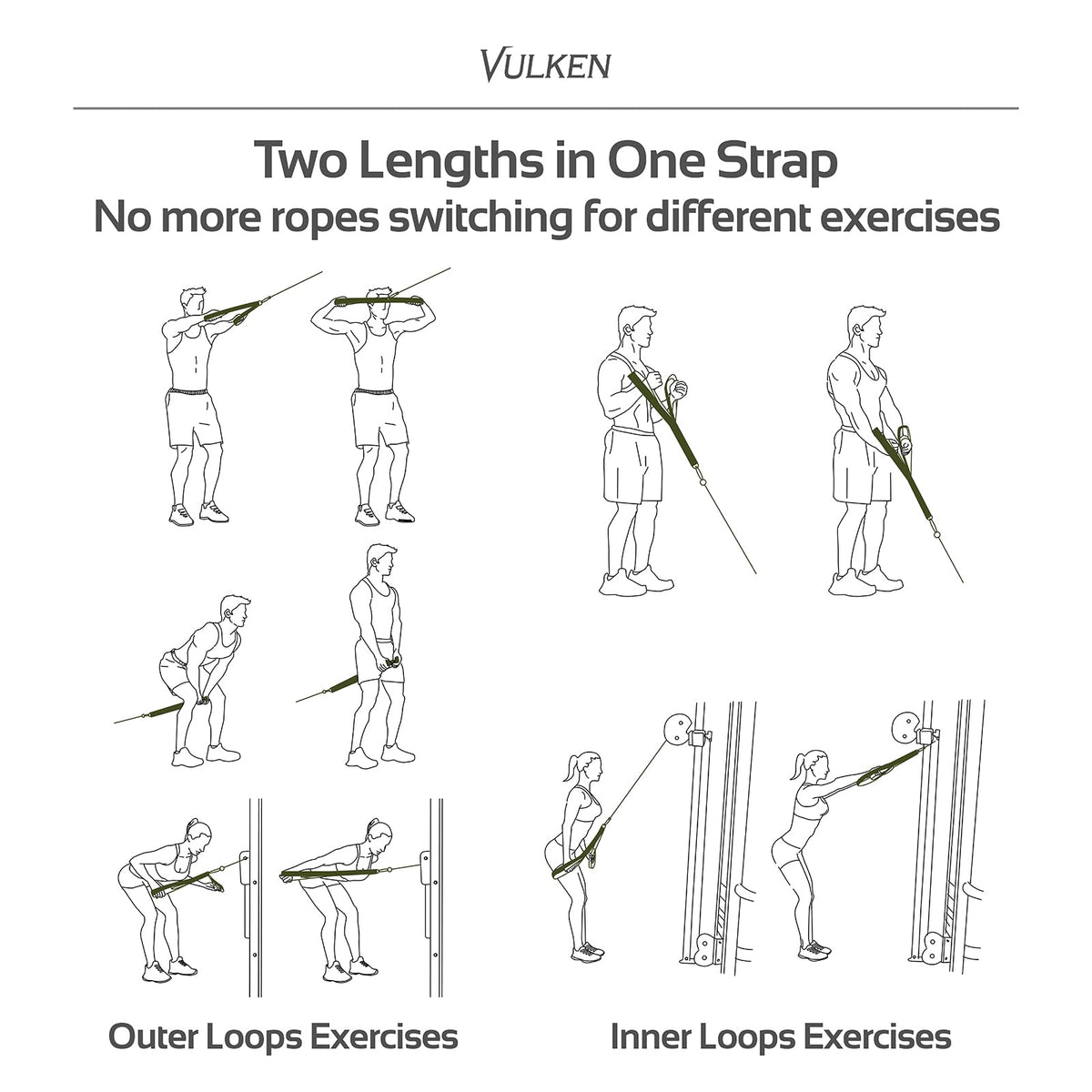 Vulken Tricep Rope Cable Attachment, 28.7 Inch & 22 Inch Two Lengths Built in One Pull Down Rope, Triceps Extension Straps Gym Equipment, Home Workout Handles for Resistance Bands, Green