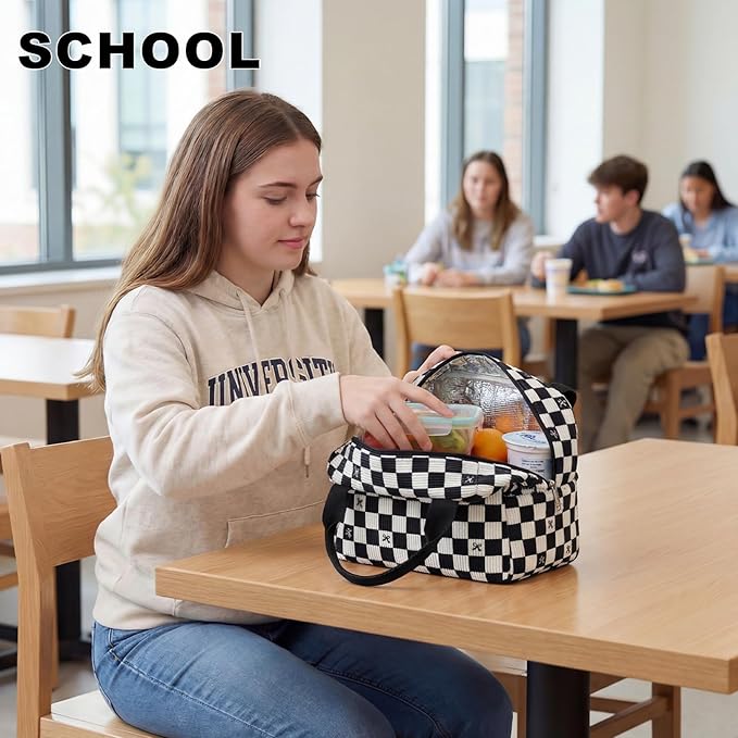 LEDAOU Lunch Box for Women Insulated Lunch Bag Corduroy Lunch Tote Bags Leakproof Cooler Lunch Case for Travel Work Picnic (Black Checkered Bow)