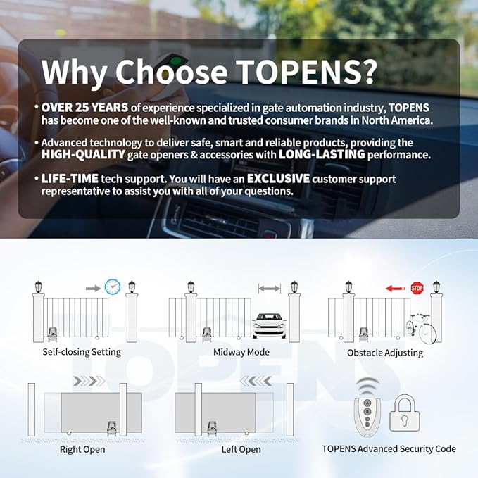 TOPENS BK800 Automatic Sliding Gate Opener Strong Belt Silent Drive Electric Gate Motor for Heavy Driveway Slide Gate Up to 1800 Pounds, Gate Operator AC Powered with 40ft Belt and Remote Control
