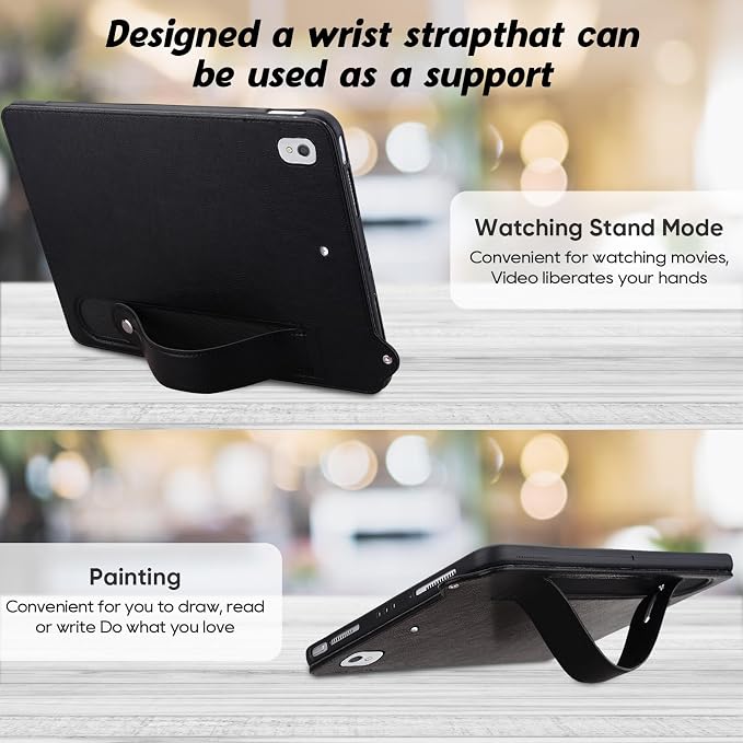 Slim Case for Apple iPad 10th Generation 10.9 Inch 2022 PU Leather Lightweight Hand Strap Stand Feature Drop Protection Back Cover for iPad 10th Gen 10.9 Black