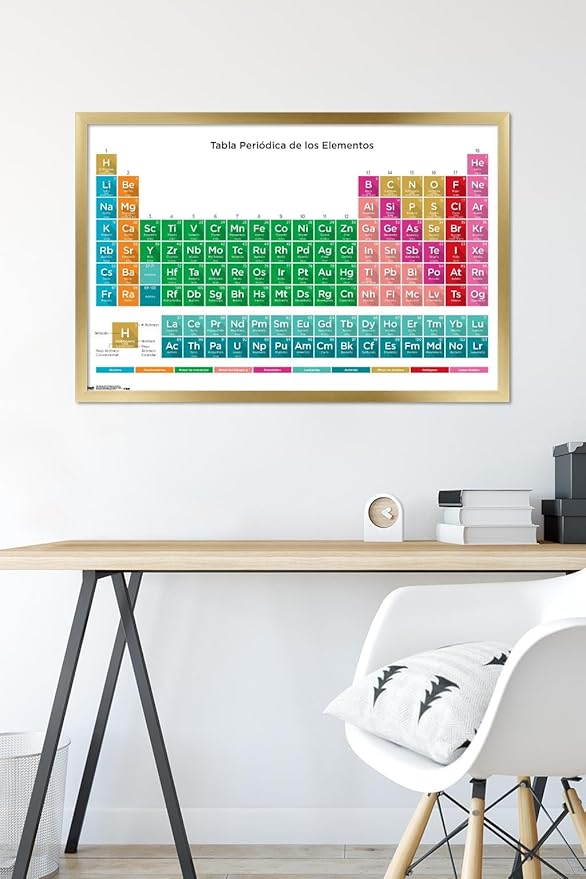 Trends International Periodic Table Of Elements - Spanish Wall Poster, 22.375" x 34", Gold Framed Version