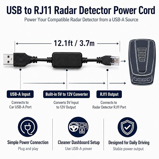 USB to RJ11 Radar Detector Power Cord 12.1ft USB Power Cable for Escort | Compatible with Escort MAX 360c MAX 360 iX iXc 9500ix MAX 3 MAX 4 MAX 360c MKII Redline 360c and Select RJ11 Models