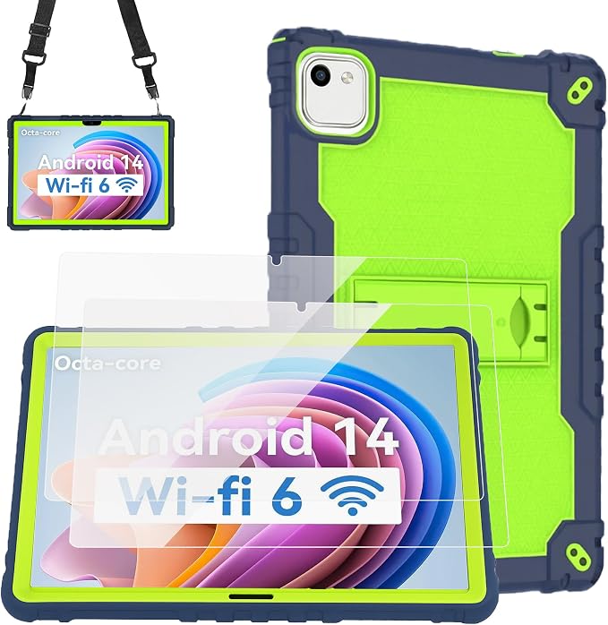 for HNVHNV/Aiprotablet/kelankeke K10 Tablet 10 inch Android Tablets Case Built in Kickstand Heavy Duty Hybrid Protective Case Hard Back Shell Case with Shoulder Strap (Black)