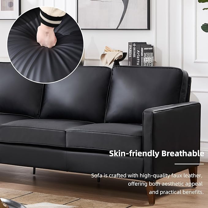 EBELLO 77” Mid Century Modern Sofa Couch, 3 Seater Faux Leather Couches for Living Room, Soft Padded Comfy Cushion, Small Sofa for Small Spaces, Apartment, Bedroom, Black