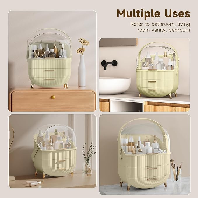 Makeup Organizers, Make Up Organizers for Vanity, Countertop Cosmetic Storage with Drawers and Transparent Cover for Bedroom Bathroom (Maize-yellow)