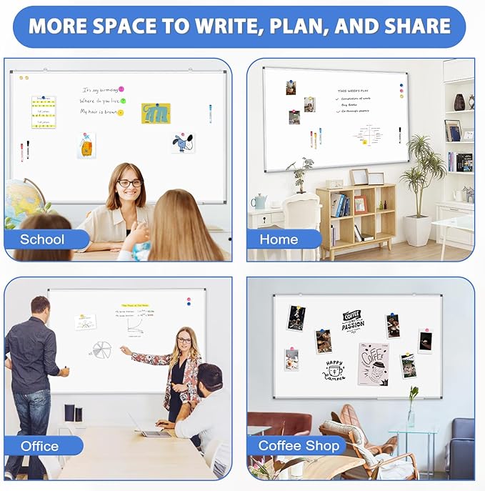 WALGLASS Large White Board, 60" x 40" Double-Sided Dry Erase Board Magnetic Whiteboard for Wall, Hanging Mounted Whiteboard Silver Aluminium Frame for Home, School, Office