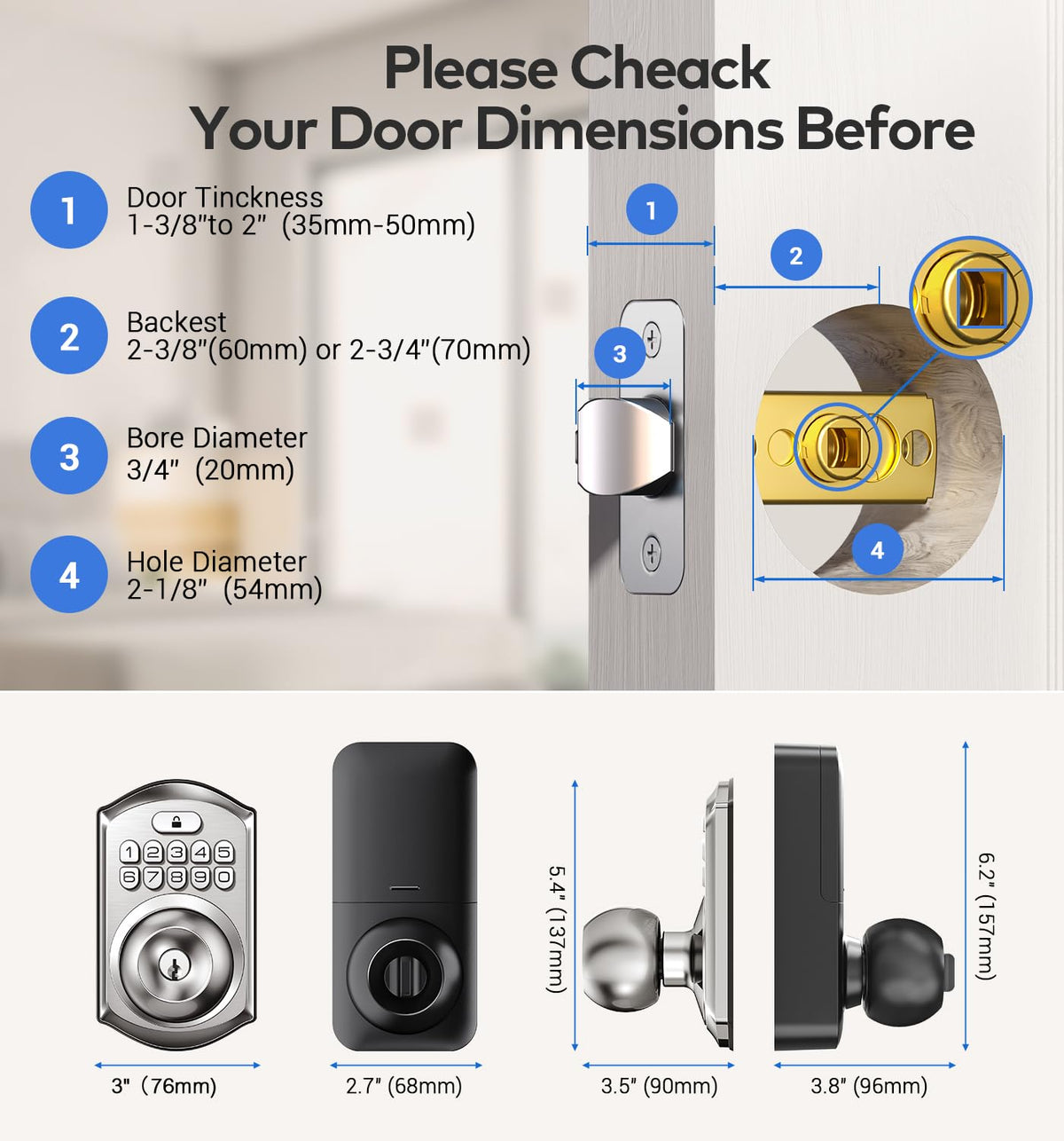 TEEHO Keyless Entry Keypad Door Lock with Handle, Electronic Digital Smart Locks for Front Door, Easy to Install Keypad Deadbolt with Code for Bedroom, Anti-Peeping Password - Nickel