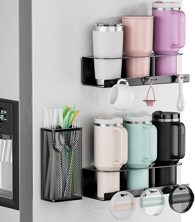 OVICAR Magnetic Cup Holder for Stanley 20/30/40oz - 2 Pack Tumbler Organizer for Refrigerator - Water Bottle Organizer with Straw Basket & 6 Hooks Tumbler Cup Lids Accessories Storage Black