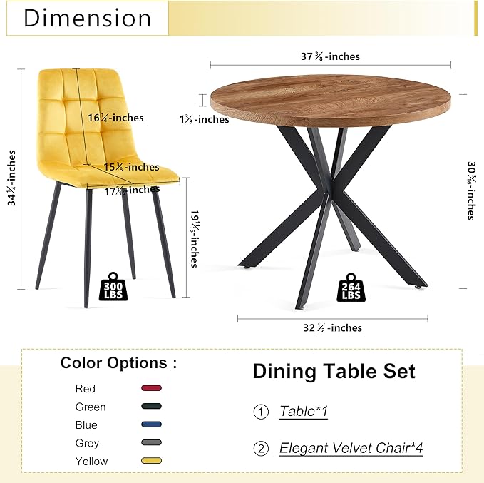 5-Piece Round Dining Table Set - Kitchen Table Chairs Set of 4 with Yellow Velvet Upholstered Chairs -Dining Table Set for 4